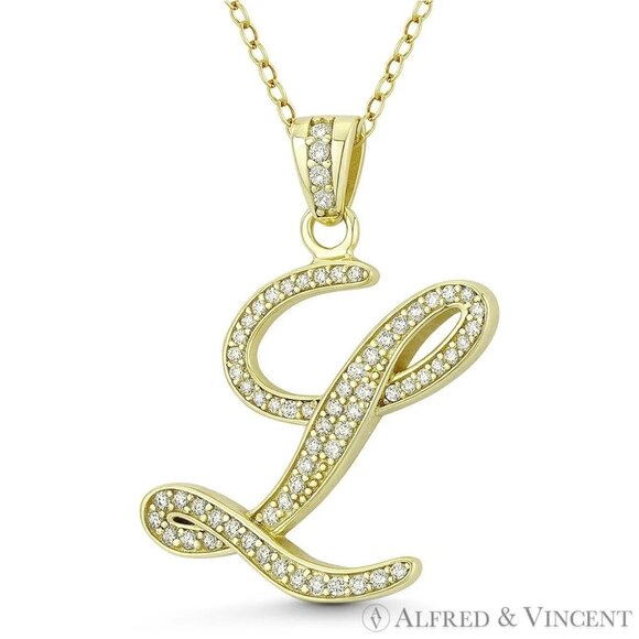 Initial Letter "L" Cursive Script CZ Crystal Pendant in .925 Sterling Silver YG - Picture 1 of 1